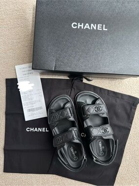 CHANEL Black Quilted Leather “Dad” Sandals All Black Metal Logo